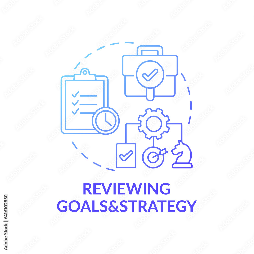Reviewing goals and strategy concept icon. Top management tasks. Setting challenges and goals for future. Business success idea thin line illustration. Vector isolated outline RGB color drawing Reviewing goals and strategy concept icon. Top management tasks. Setting challenges and goals for future. Business success idea thin line illustration. Vector isolated outline RGB color drawing