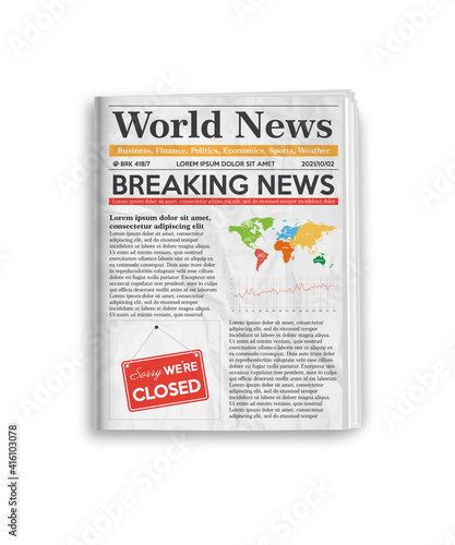 Daily newspaper journal design template with editable headlines quotes text articles and color images. Vertical folded newspaper layout.