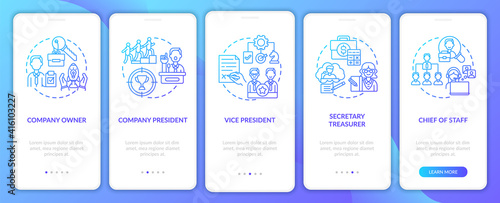 Company top management jobs onboarding mobile app page screen with concepts. Secretary treasurer walkthrough 5 steps graphic instructions. UI vector template with RGB color illustrations