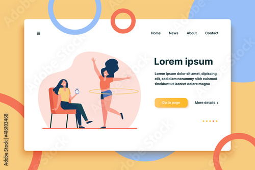 Woman helping female friend with hula hoop to train body. Stopwatch, timer, trainer flat vector illustration. Fitness, activity, exercise concept for banner, website design or landing web page