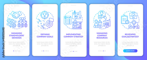 Top management tasks onboarding mobile app page screen with concepts. Managing company resources walkthrough 5 steps graphic instructions. UI vector template with RGB color illustrations