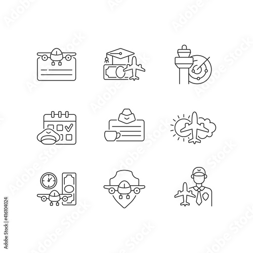 Aviation linear icons set. Air traffic control. Getting pilot license. Aviation safety. Aircraft rental. Customizable thin line contour symbols. Isolated vector outline illustrations. Editable strokes