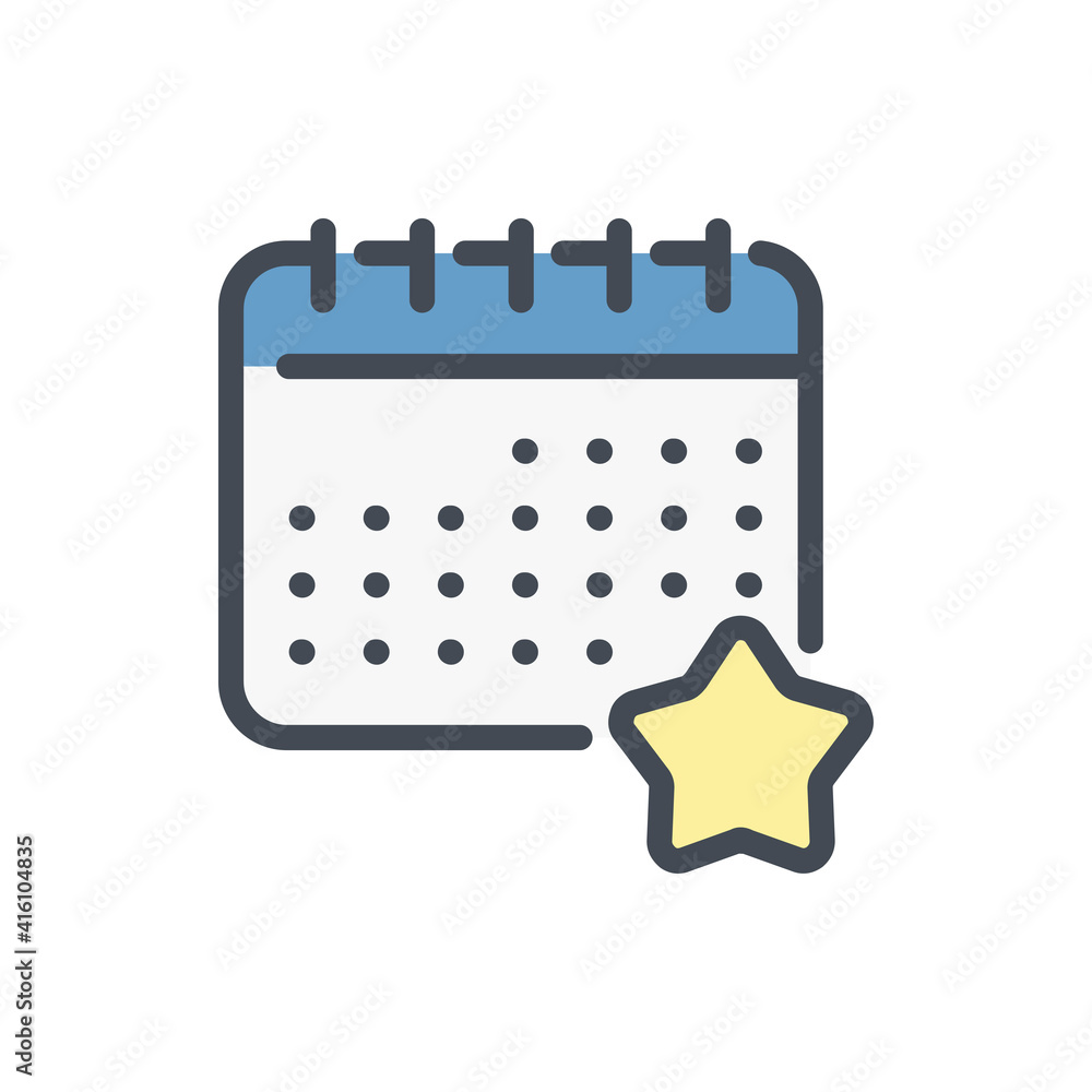 Timetable favourite note color line icon. Calendar with star vector outline colorful sign. Timetable favourite note color line icon. Calendar with star vector outline colorful sign.