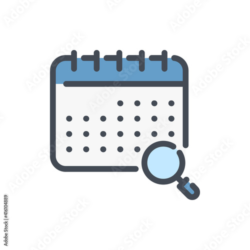 Timetable research and review color line icon. Calendar search and review vector outline colorful sign.