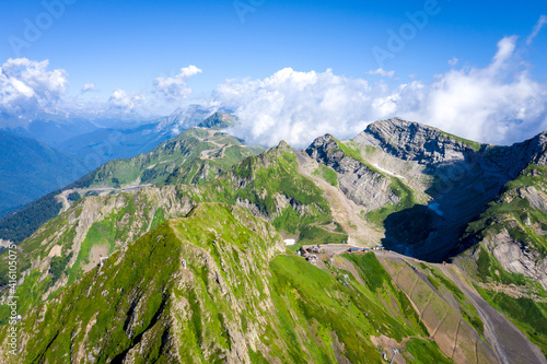 Summer landscapes of the Caucasus mountains in Krasnaya Polyana ski resort, Russia, Sochi. Mount Black Pyramid 2300m