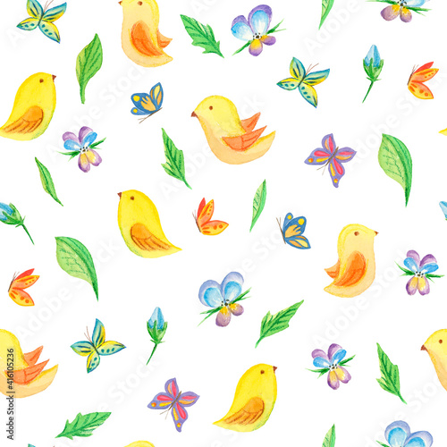 seamless spring and easter patterns for textile decoration  easter and items  print. watercolor ornaments of flowers  butterflies and birds. Cute patterns for baby textiles and wallpapers