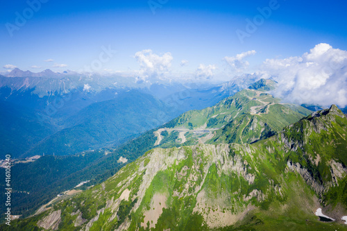 Summer landscapes of the Caucasus mountains in Krasnaya Polyana ski resort, Russia, Sochi. Mount Black Pyramid 2300m photo