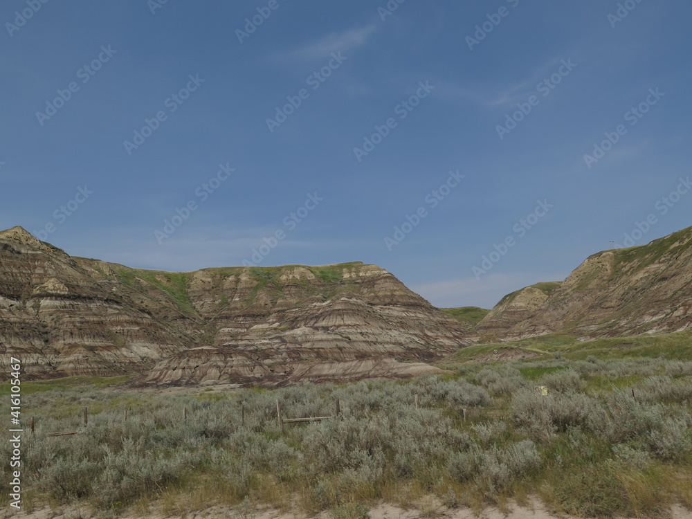the landscape of the Dinosaur Trail close to Drumheller, Alberta, Canada, August