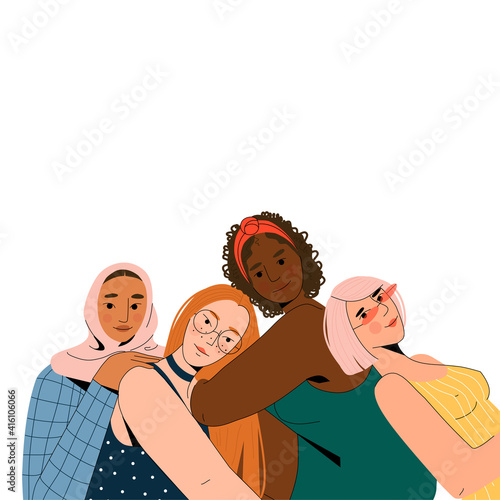 Four female friends of different nationalities and cultures are sitting together.