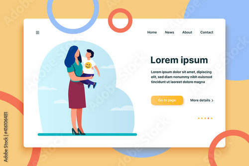 Young mom holding toddler child in arms. Mother and son standing outdoors, hugging flat vector illustration. Motherhood, child care, family concept for banner, website design or landing web page