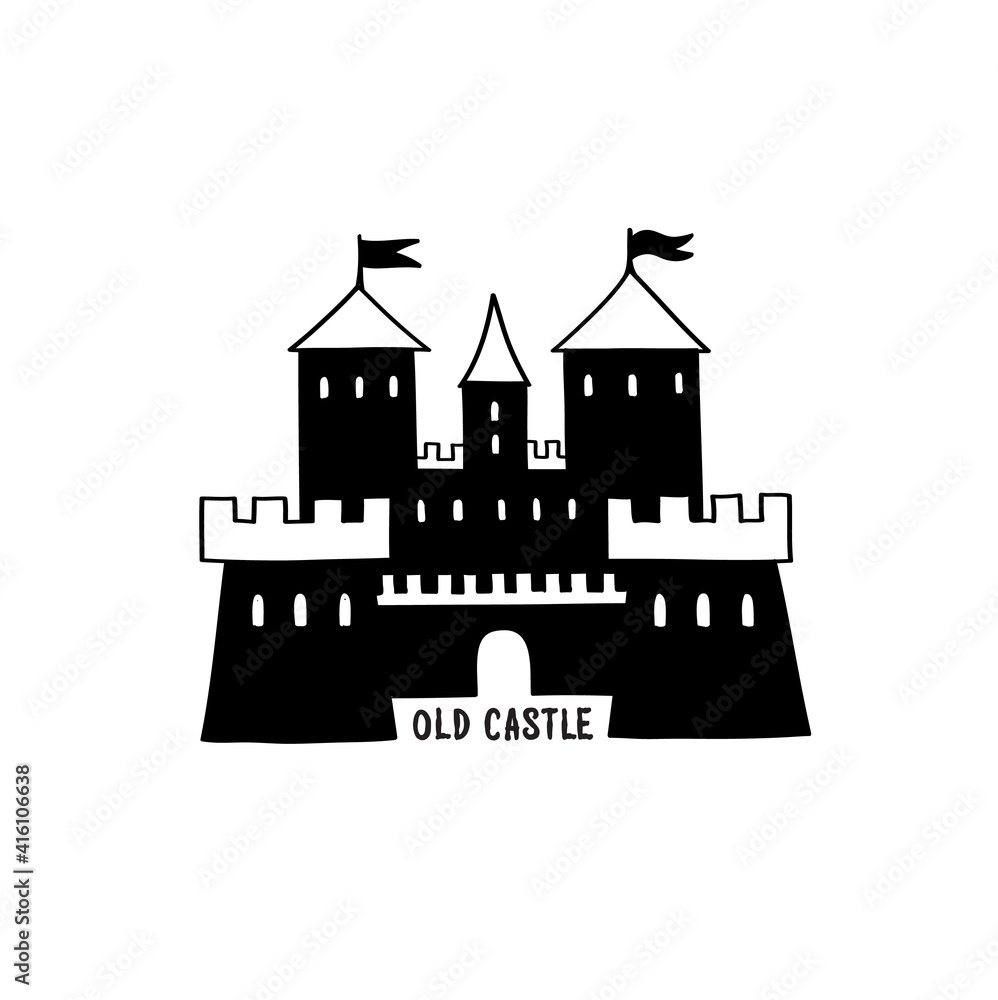 Castle icon. Old castle building with towers, flag, lettering. Safeguard home 