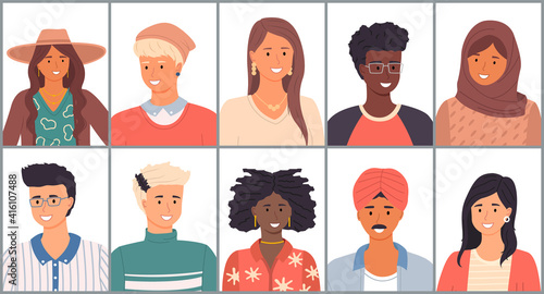 Set of avatars in flat design style. Positive young people different nationalities. Stylish person faces and shoulders avatars. Portrait of cool students with different skin colors and hairstyles