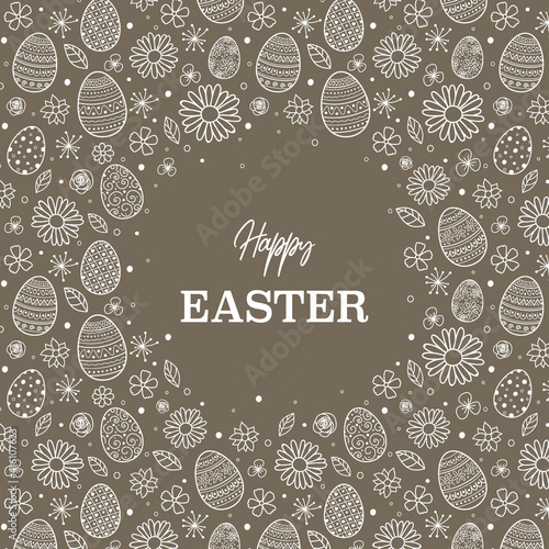 Easter greeting card with decorative eggs nad flowers. Vector