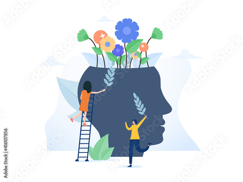 Personal growth. Tiny man watering that growing plant from the brain as metaphor growth personality. Self-improvement.