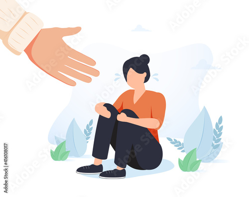 Young woman getting help and cure from stress flat vector illustration. Girl feeling anxiety and loneliness. Helping.