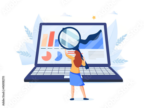 Woman looking at indicators on laptop screen through magnifying glass. Concept of PС performance or computer system.