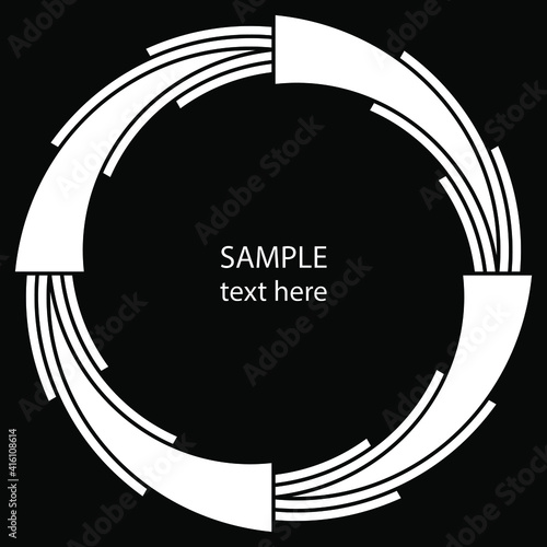 Radial white shapes in ring form. Vector illustration. Design element for technology round logo, striped border frame, blackout tattoo, prints, monochrome pattern and abstract background