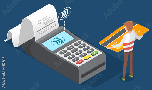 Pos terminal confirms the payment by debit credit card with a tiny man character holding payment plastic card. Reaffirms payment via smartphone, mobile payment, internet banking, E-commerce market