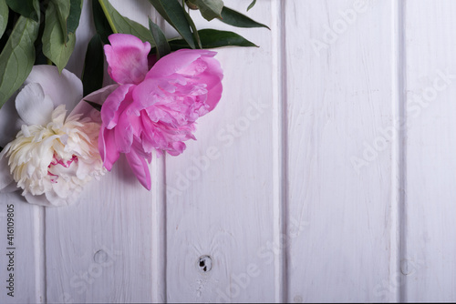 pink and white peonies on wooden background