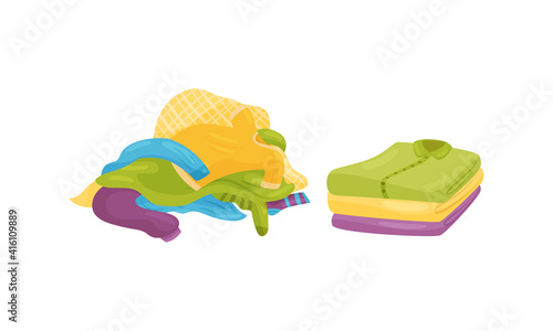 Pile of Dirty Clothing and Neatly Folded Clean Laundry Vector Set