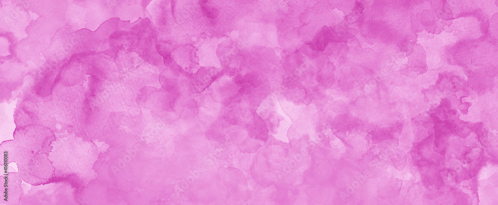 Pink watercolor background texture, pink blotches and watercolor painted wash in fringed brush strokes and pastel raspberry color