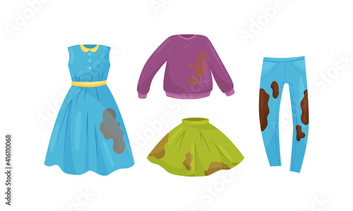 Dirty Clothing with Stains of Mud for Laundry Vector Set