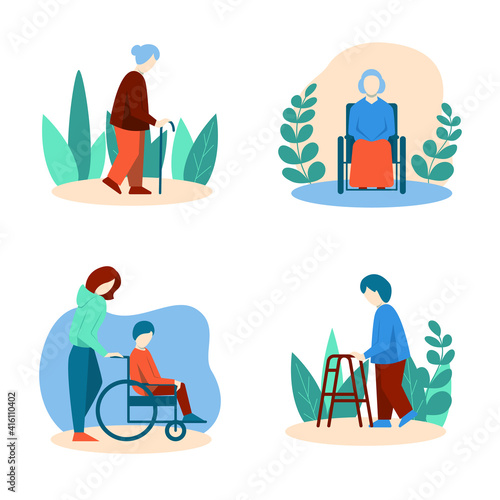 Disabled elderly people set in flat style