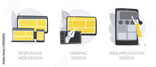 Graphic designer service abstract concept vector illustration set. Responsive web design, graphic and web application, UI and UX, landing page layout, user interface, CSS media abstract metaphor.