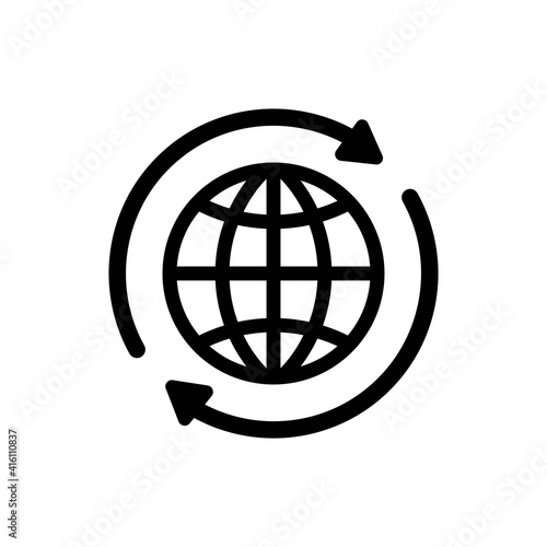 Internet icon. World international earth globe icon. Round globe with 2 sync arrows around icon. Globe symbol silhouette. World icons