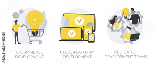 Remote developers team abstract concept vector illustration set. E-commerce development, cross-platform, dedicated team, web application, software environment, operating system abstract metaphor.