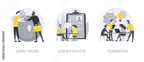 Hiring employees abstract concept vector illustration set. Expat work, job interview, teamwork power, migrant workers, choosing a candidate, prepare for interview, recruiter abstract metaphor.