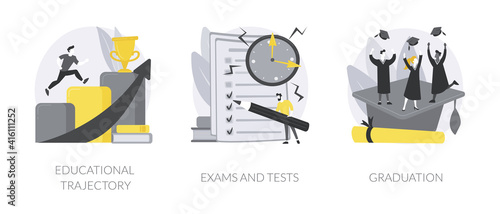 Getting an academic degree abstract concept vector illustration set. Educational trajectory, exams and tests, graduation day, school classroom, exam timetable, test results abstract metaphor.