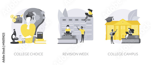 Career choice abstract concept vector illustration set. College choice, revision week, campus tour, career assessment test, timetables and planning, higher degree education abstract metaphor.