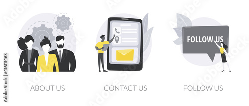 Company information abstract concept vector illustration set. About us, contact and follow on social media, subscribe for newsletter, get connected, starting web page, business abstract metaphor.
