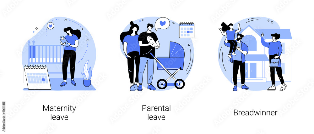 Care for children and family abstract concept vector illustration set. Maternity and parental leave, breadwinner, home office, pregnant woman, newborn child, family needs support abstract metaphor. Care for children and family abstract concept vector illustration set. Maternity and parental leave, breadwinner, home office, pregnant woman, newborn child, family needs support abstract metaphor.