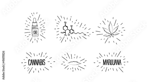 Sketches of cannabis leafs, bottle of CBD oil, chemical formula of CBD and cannabis logos in doodle style isolated on white background.