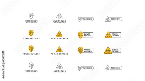 Power outage, large collection of signs, symbols and logos isolated on white background. Warning yellow symbols concepts, without electricity