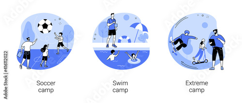 Youth sport program abstract concept vector illustration set. Soccer and swim camp, extreme sports for teens, outdoor class, physical activity, summer vacation, teamwork training abstract metaphor.