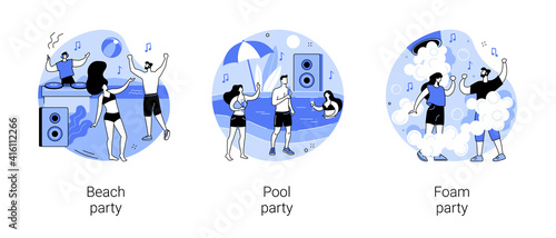 Summer event abstract concept vector illustration set. Beach party, swimming pool dance, foam party entertainment, swimming suits, bikini, dance floor, flamingo inflatable circle abstract metaphor.