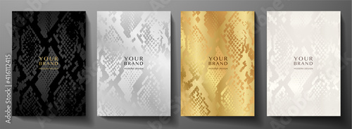 Modern abstract cover design set. Luxury black, gold, silver background with animal print (snake skin pattern). Premium vector collection for brochure, notebook template, menu