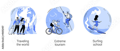 Holiday trip abstract concept vector illustration set. Traveling the world, extreme tourism, surfing school, hitchhiking, travel blog, foreign country destination, plane departure abstract metaphor.