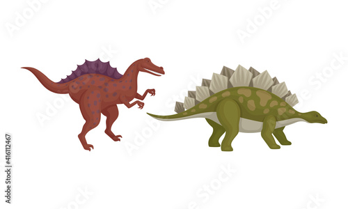 Different Dinosaurs as Terrestrial Reptiles of Jurassic Period Vector Set © Happypictures