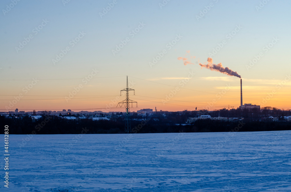 sunset over the snowy landscape, Prague, Czech Republic