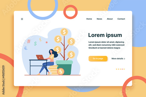 Woman investing money. Investor using computer, growing cash tree flat vector illustration. Trading, finance, investment concept for banner, website design or landing web page
