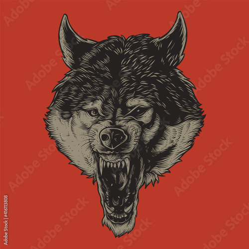 Detailed Angry wolf head illustration