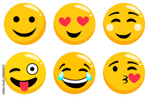 Yellow emoji set isolated on white. Emoticons or emotional icons. Cute smiling, happy and crying, kissing and laughing. Heart eyes, showing tongue round face expression flat design vector illustration © robu_s