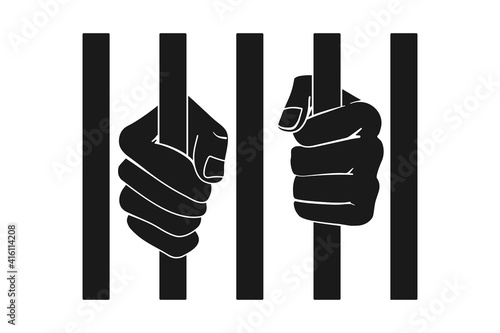 Prisoner fists behind bars or hands holding prison bars in vector silhouette