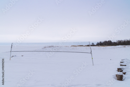 Russia. February 7, 2021. A volleyball court on the northern coast of Kronstadt.