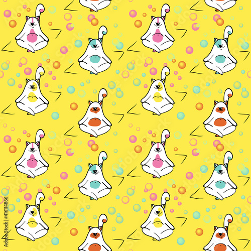Seamless pattern with yoga cats, mats and bubbles. Animalistic vector background. Multicolor. Can be used for wallpapers, pattern fills, textile