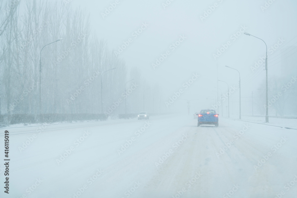 dangerous stormy weather in the city, collapse, snowfall on highway, winter season dangerous stormy weather in the city, collapse, snowfall on highway, winter season